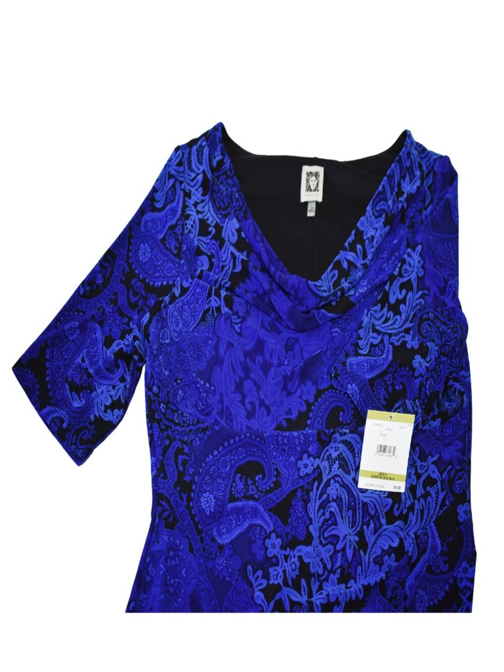 Anne Klein Dress Stretch Cowl Neckline ¾ Sleeve Blue Paisley Lace Print Size 14 - Picture 4 of 7